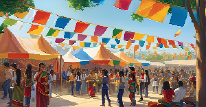 A lively cultural festival on a college campus with diverse students sharing food and dancing under colorful banners.