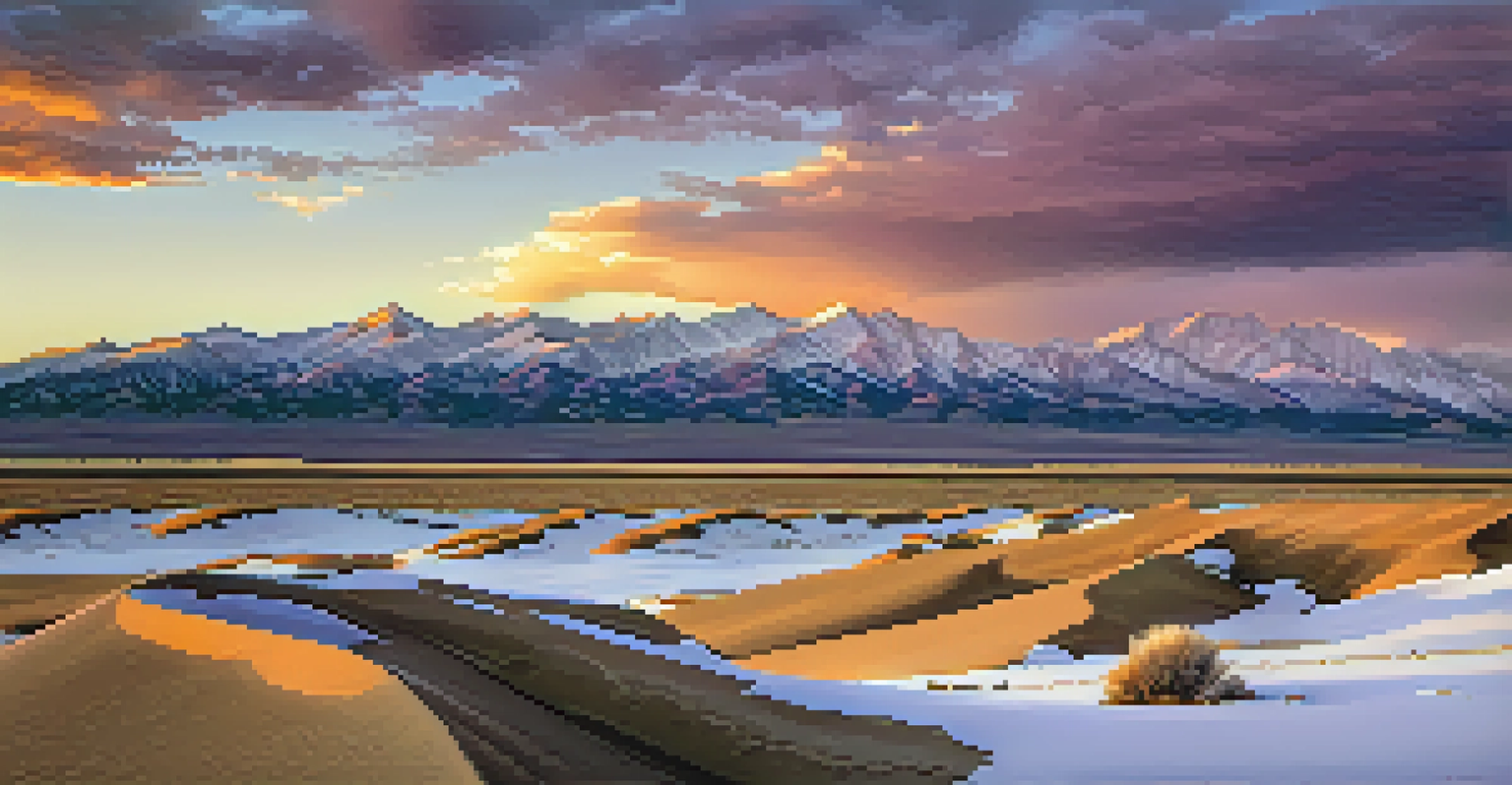 A landscape of the Great Sand Dunes at sunset with golden sands and snow-capped mountains in the background.