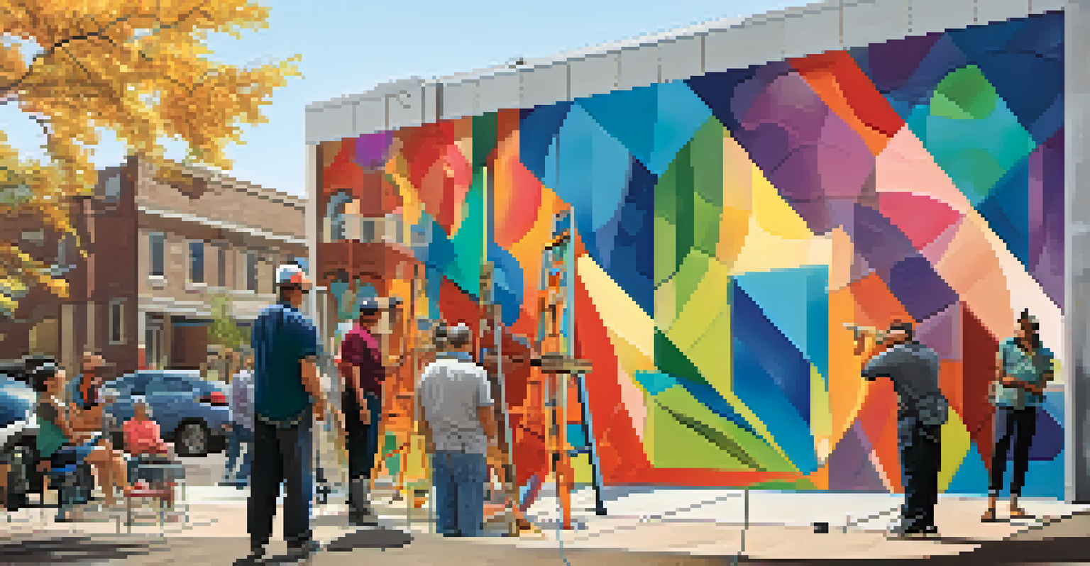 An artist creating a colorful mural on a building, with an audience watching in an urban setting.