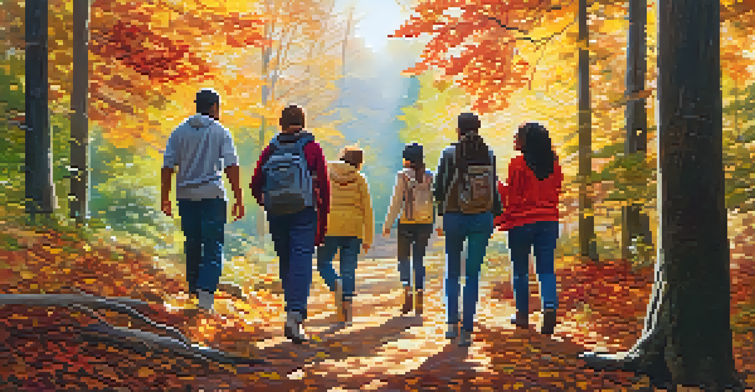 A group of people walking in a colorful forest during a guided nature walk, surrounded by trees and autumn leaves.