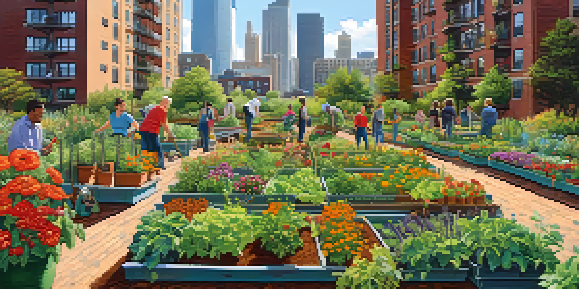 A lively community garden with residents planting and harvesting, surrounded by tall buildings and bright flowers.