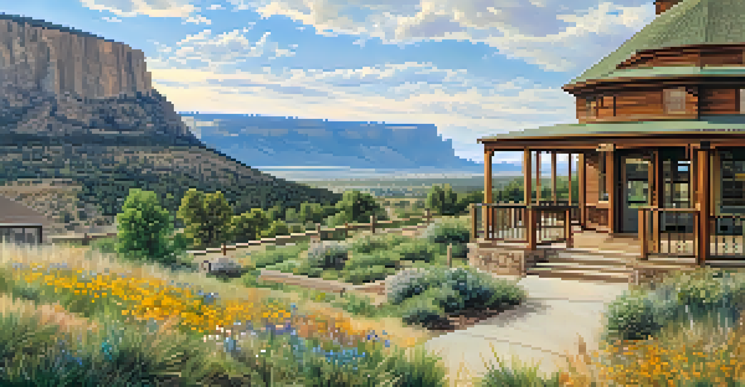 The Buffalo Bill Museum and Grave on Lookout Mountain with visitors enjoying the view and rustic architecture, surrounded by wildflowers.