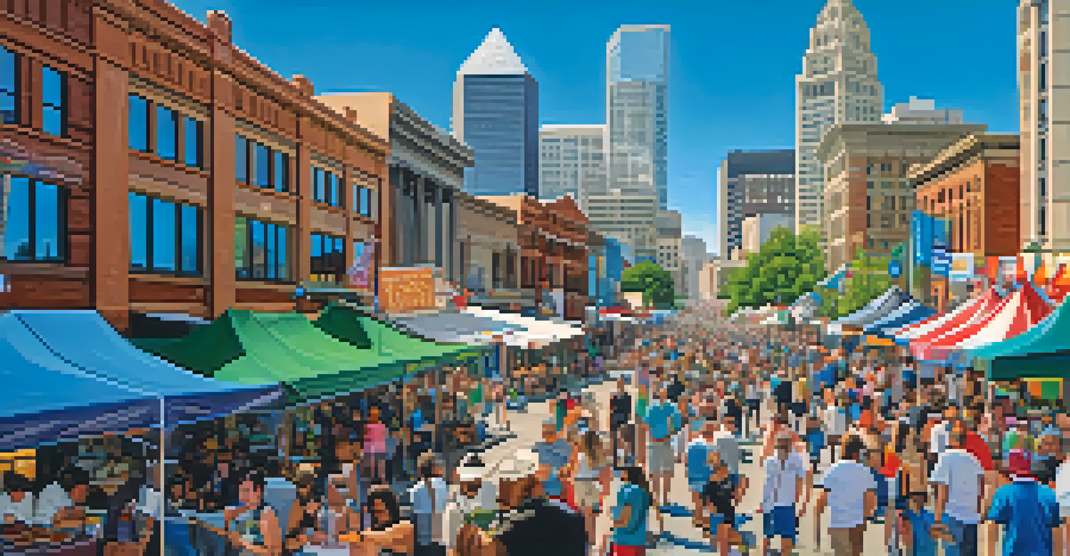 A lively street festival in downtown Denver with colorful tents, diverse crowds, and the city skyline in the background.