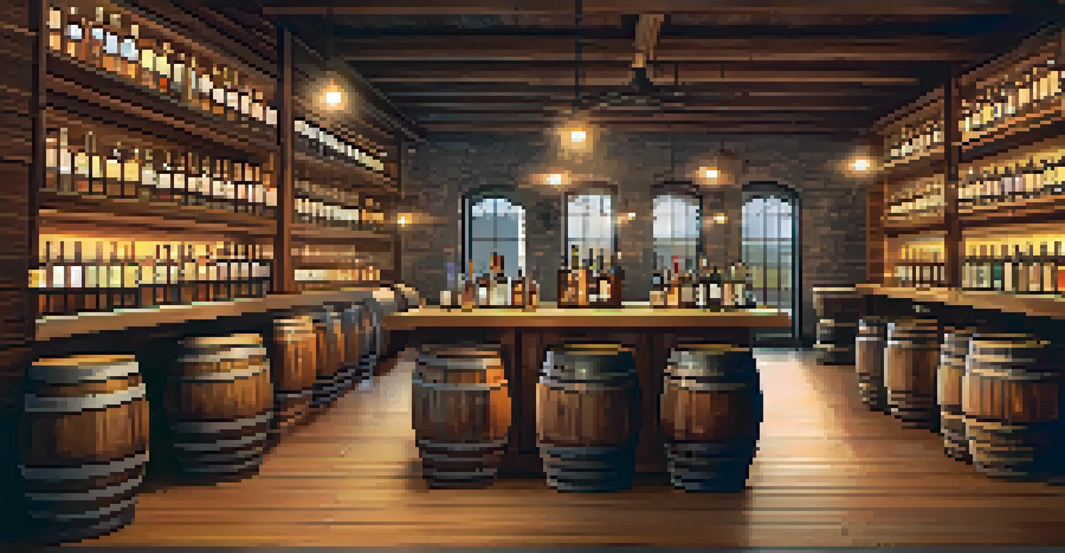An inviting distillery interior featuring wooden barrels, a polished bar, and shelves of spirits, illuminated by soft warm lighting.