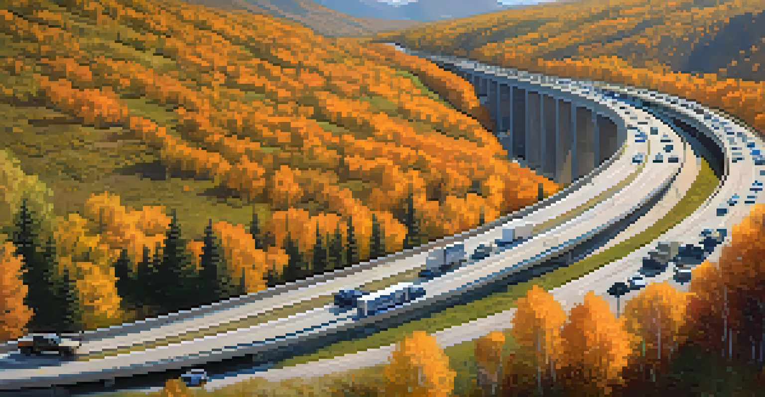 An aerial view of wildlife underpasses and overpasses along the I-70 highway, with bears and elk using the corridors amidst autumn foliage and mountains.