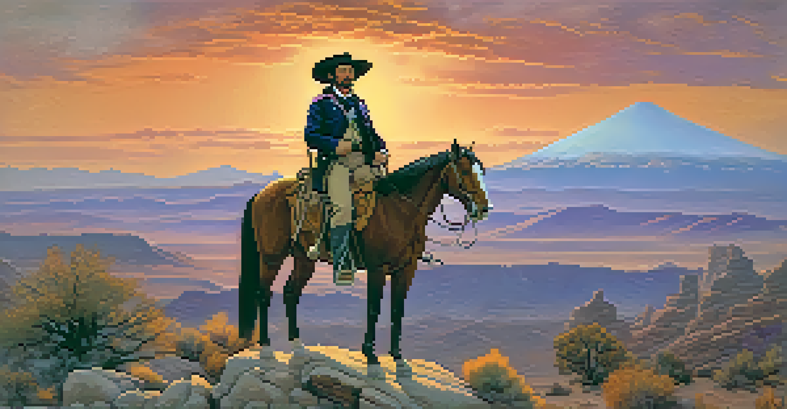 Kit Carson on horseback surveys the rugged terrain during the Mexican-American War, with a vibrant sunset sky in the background.