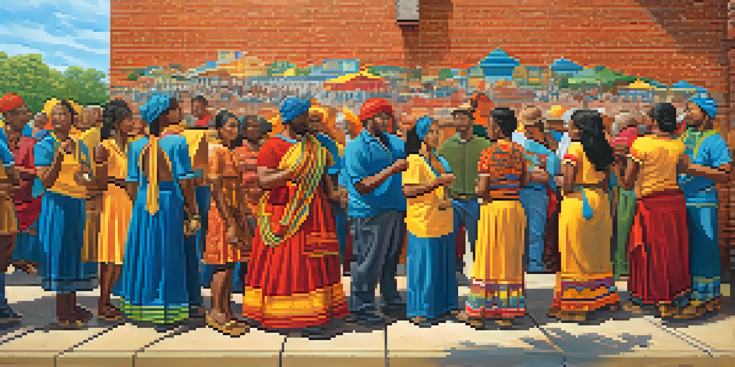 A colorful mural on a brick wall showing a diverse group of people engaging in artistic activities and conversation under warm sunlight.