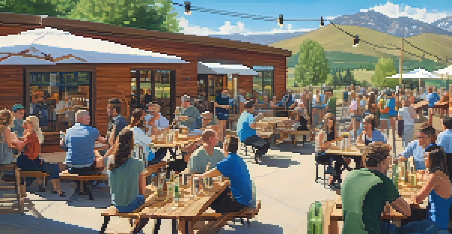 A community gathering at a Colorado brewery with people enjoying craft beer outdoors under string lights.