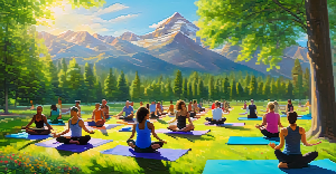 A diverse group of people practicing yoga outdoors in a lush park, with mountains in the background and sunlight filtering through trees.