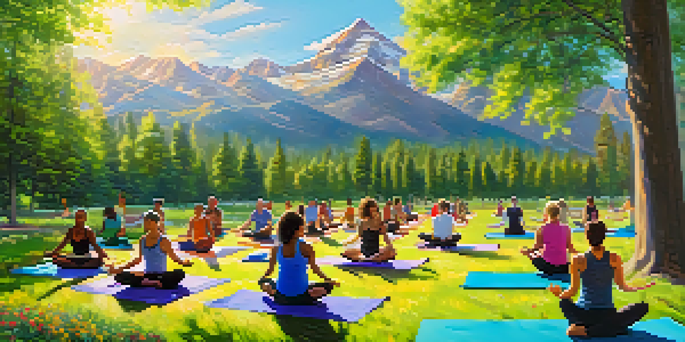 A diverse group of people practicing yoga outdoors in a lush park, with mountains in the background and sunlight filtering through trees.