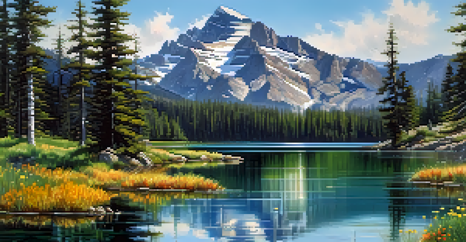 A mountain lake reflecting the Rocky Mountains in Colorado, with pine trees and wildflowers along the shore.