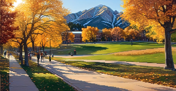 A sunset view of the University of Colorado Boulder campus with students walking along a pathway surrounded by colorful autumn leaves and the Flatirons mountains in the background.