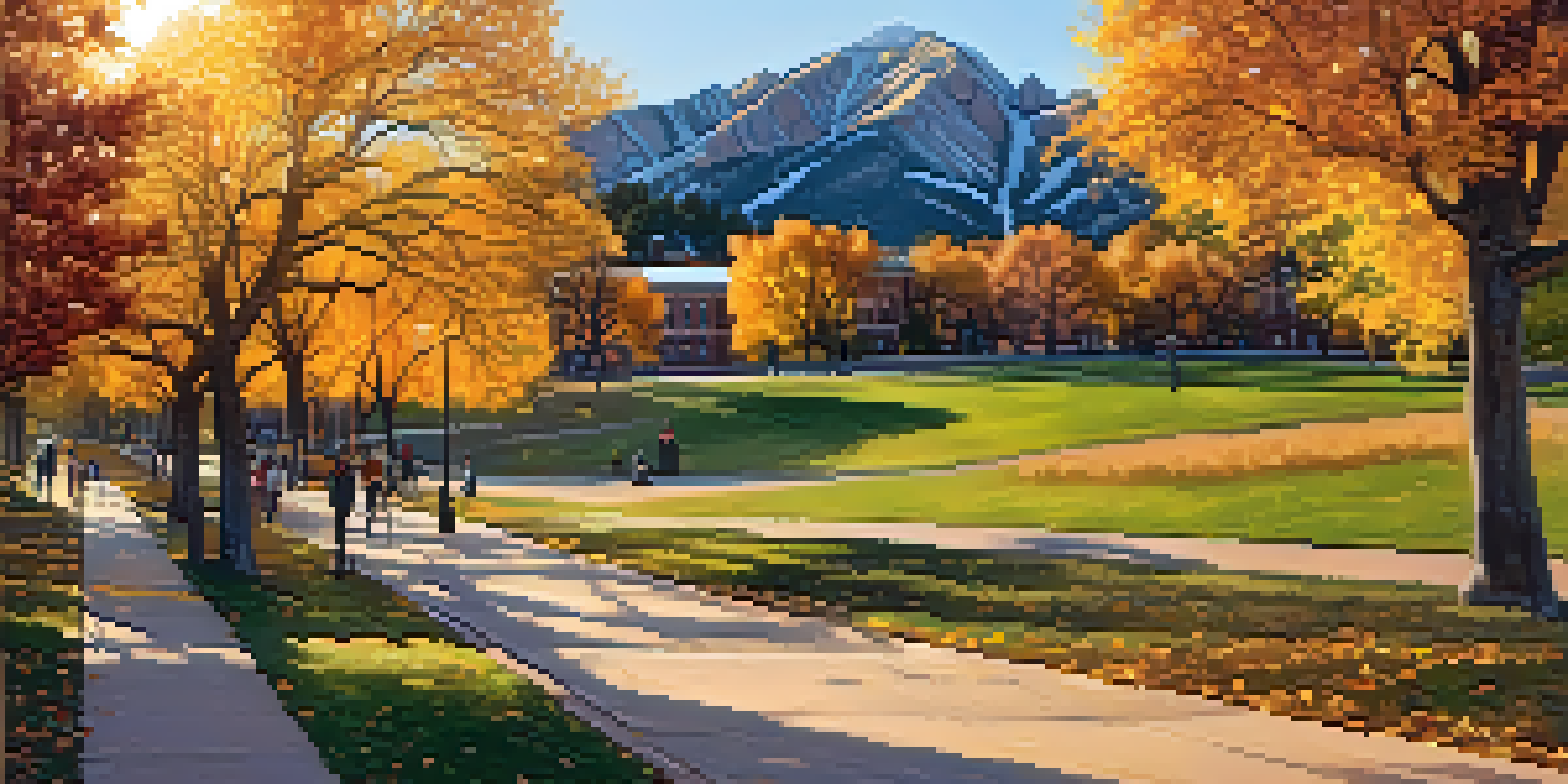 A sunset view of the University of Colorado Boulder campus with students walking along a pathway surrounded by colorful autumn leaves and the Flatirons mountains in the background.
