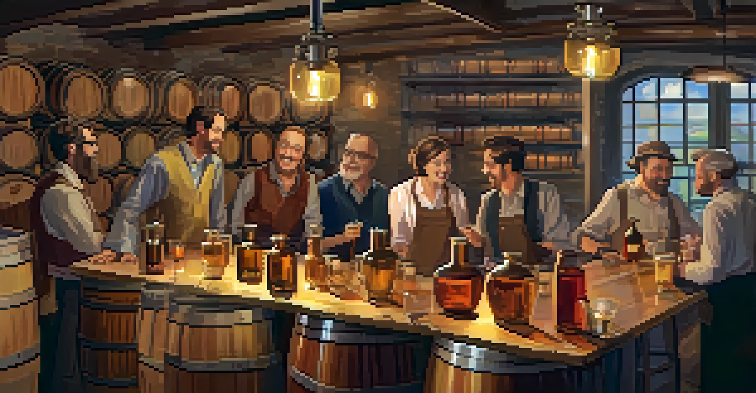 A group of visitors enjoying a tasting session at a distillery, surrounded by barrels and spirits.
