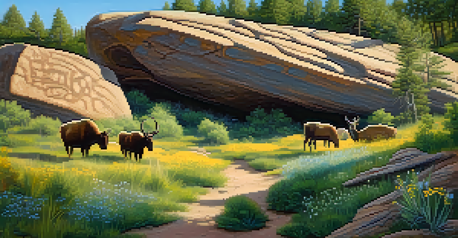 Peaceful scene of Ute petroglyphs on a boulder amidst greenery and wildflowers, illuminated by soft morning light.