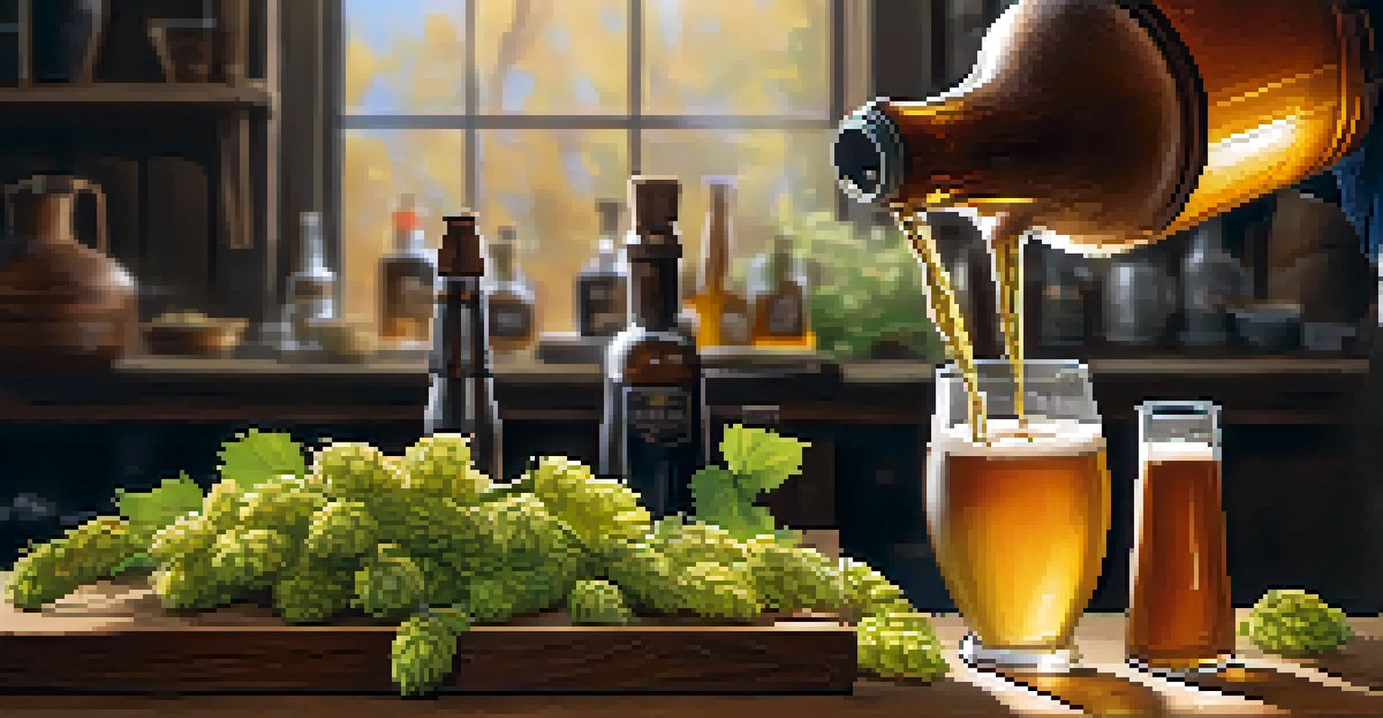A brewer pouring a golden ale into a glass, with hops and malt displayed on a wooden counter.