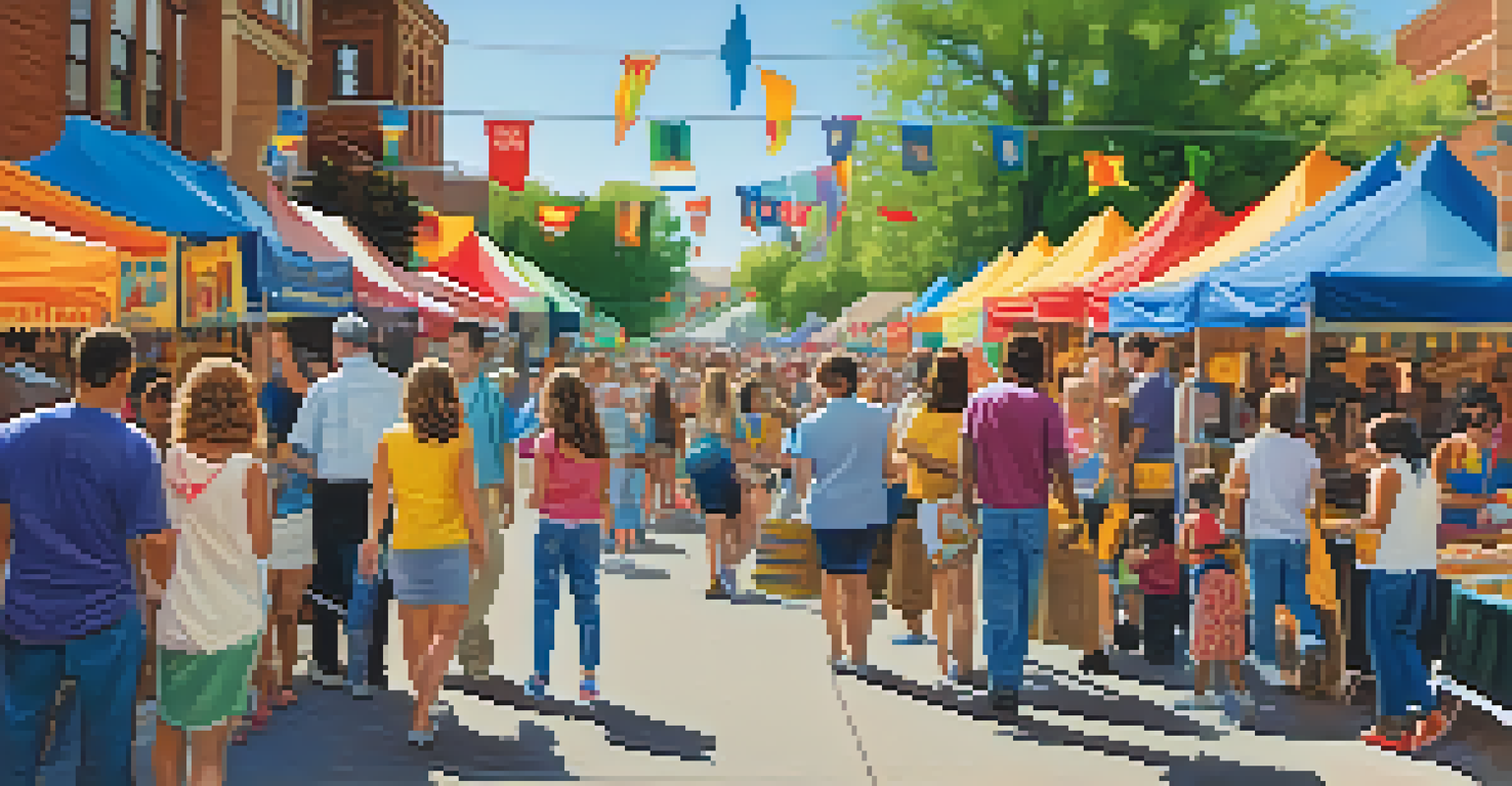 A lively community festival in Aurora, featuring diverse families and young professionals enjoying food and activities amid colorful decorations.