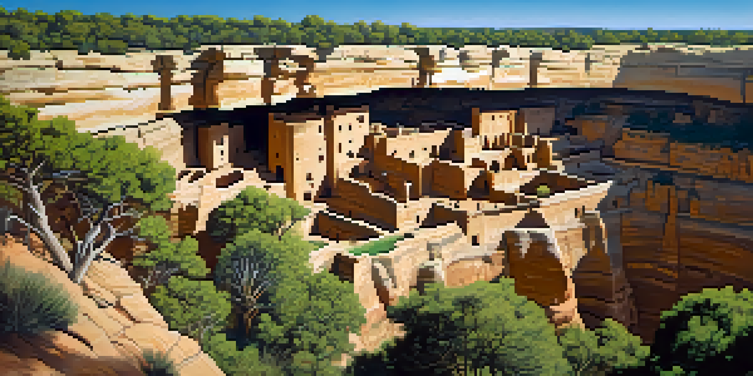 A scenic view of ancient cliff dwellings in Mesa Verde National Park, surrounded by greenery and under a clear blue sky.