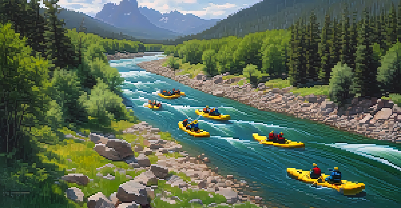 An aerial view of a river in Colorado with white-water rafts and kayakers amidst lush green surroundings.