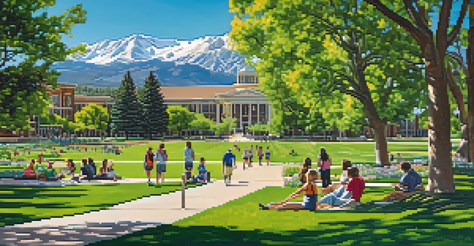 A wide view of Colorado State University's campus with historic buildings, green lawns, and the Rocky Mountains in the background, busy with students.