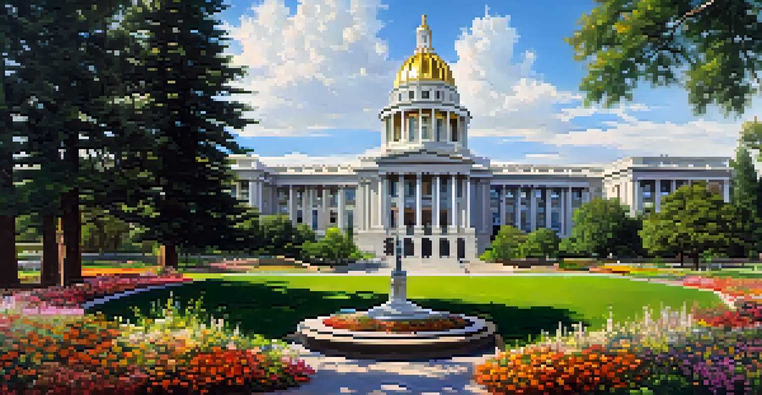 The Colorado State Capitol building with a gold dome, surrounded by colorful flowers and trees, with mountains in the background.