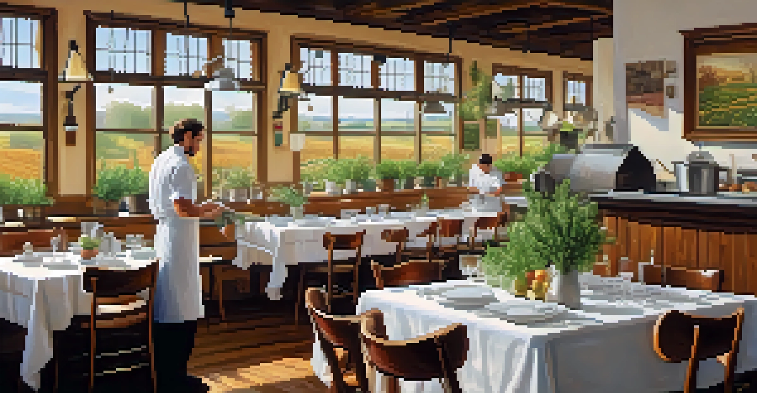 A cozy farm-to-table restaurant with wooden tables, seasonal dishes, and an open kitchen where a chef is preparing fresh ingredients.