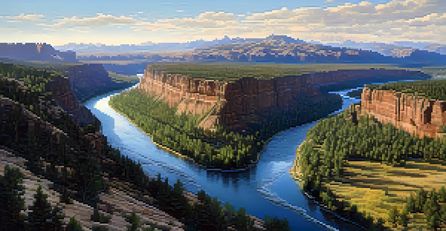 An aerial view of a winding river surrounded by forests and cliffs in Colorado.