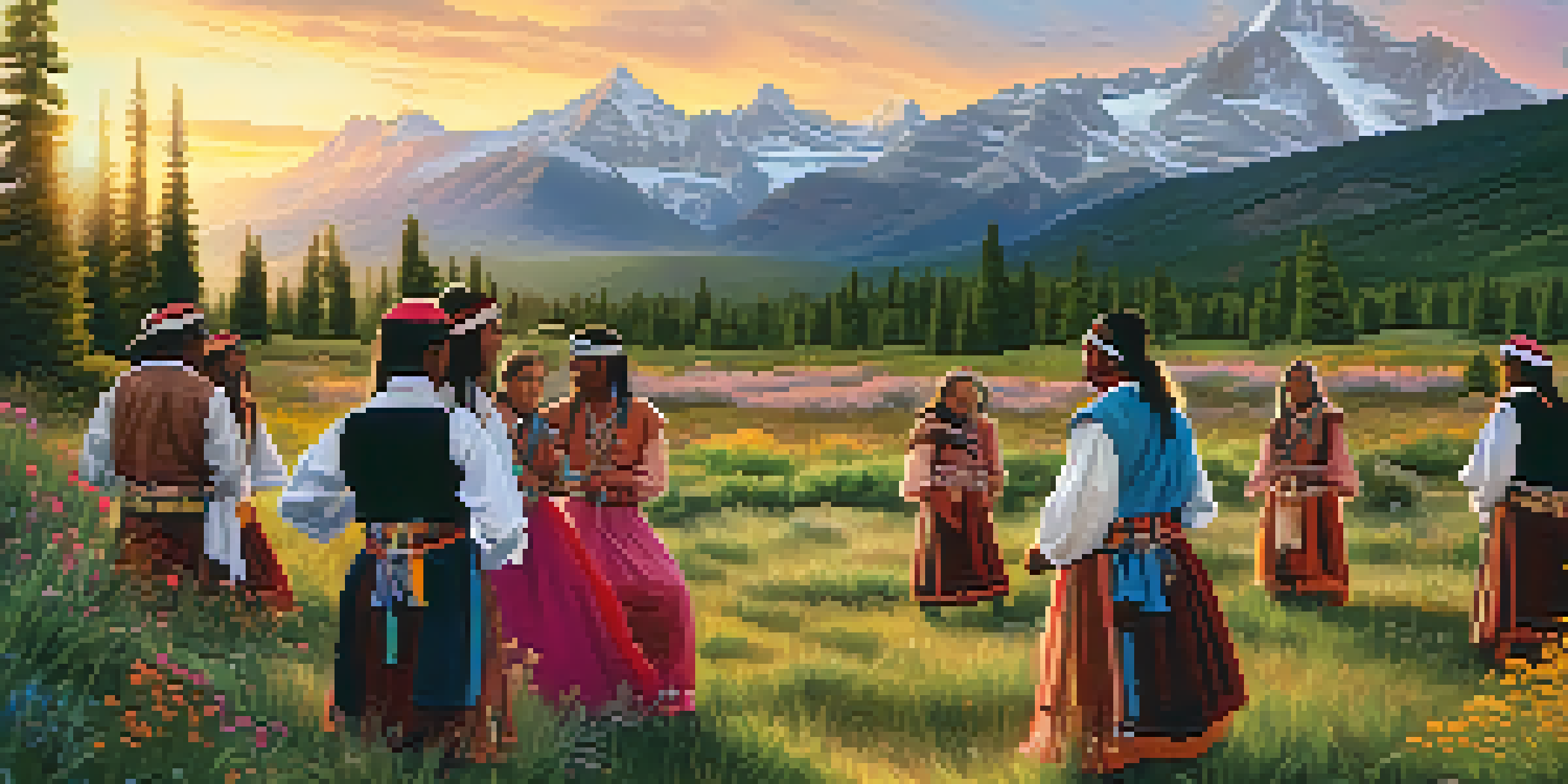 A beautiful sunset over the Colorado mountains, featuring Ute people in traditional attire performing a dance amidst wildflowers.