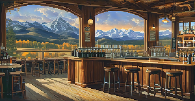 A cozy craft brewery with wooden bar, various beers on tap, and a view of the Rocky Mountains through large windows.