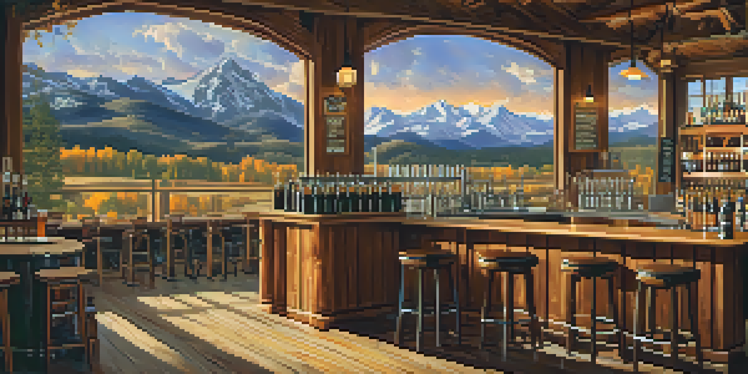 A cozy craft brewery with wooden bar, various beers on tap, and a view of the Rocky Mountains through large windows.