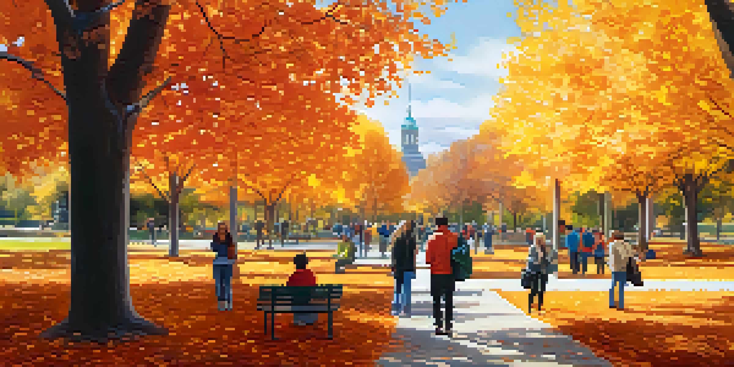 A colorful autumn park scene in Colorado with diverse people participating in a mental health awareness event, illuminated by soft sunlight.