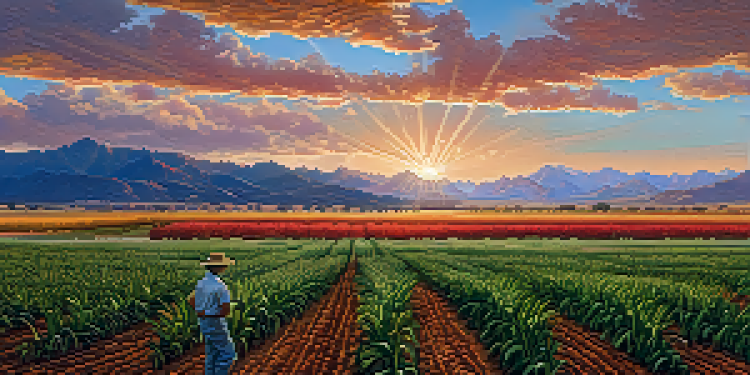 A Colorado farmer inspecting drought-resistant crops at sunset, with the Rocky Mountains in the background.