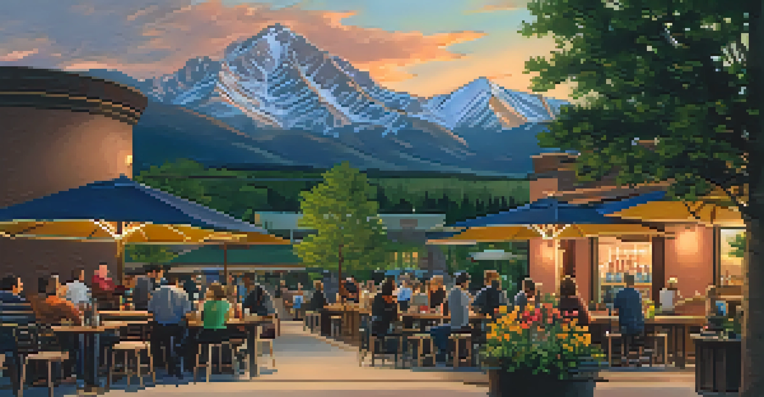A picturesque Colorado mountain landscape at sunset, with a brewery and outdoor patio filled with people enjoying drinks.