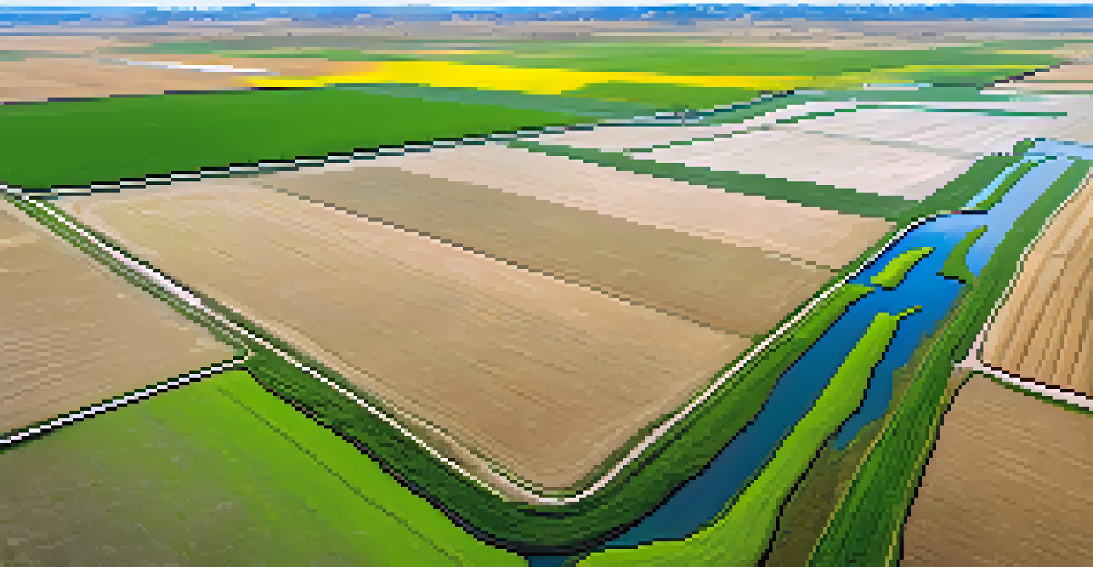Aerial view of a green agricultural field in Colorado with melting snowpack in the background, showing irrigation channels.