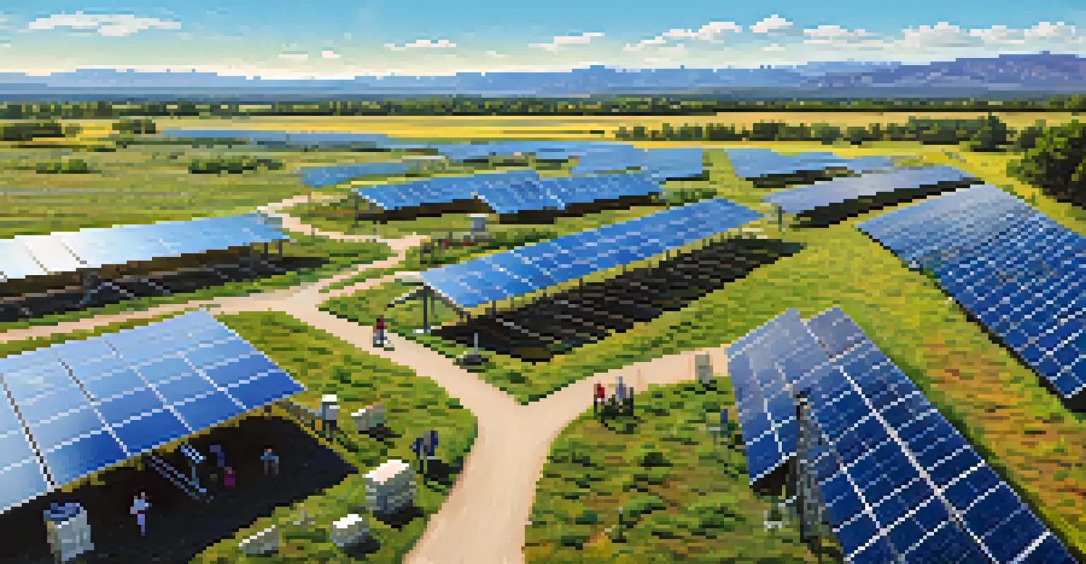 An aerial view of a community solar farm with rows of solar panels and people discussing around the panels.