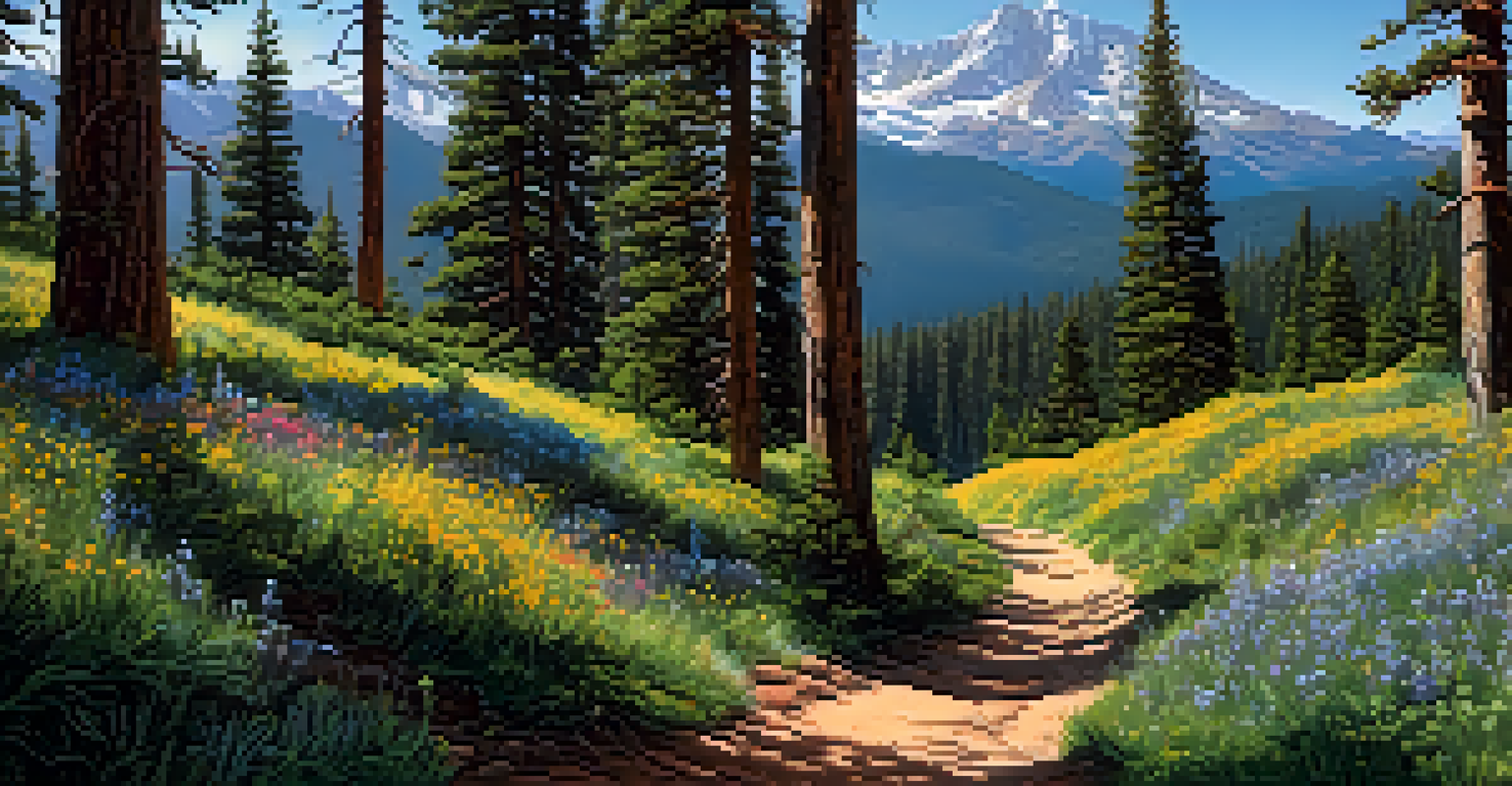 A scenic view of the Colorado Trail surrounded by tall pine trees and colorful wildflowers, with mountains in the background and sunlight shining through the leaves.