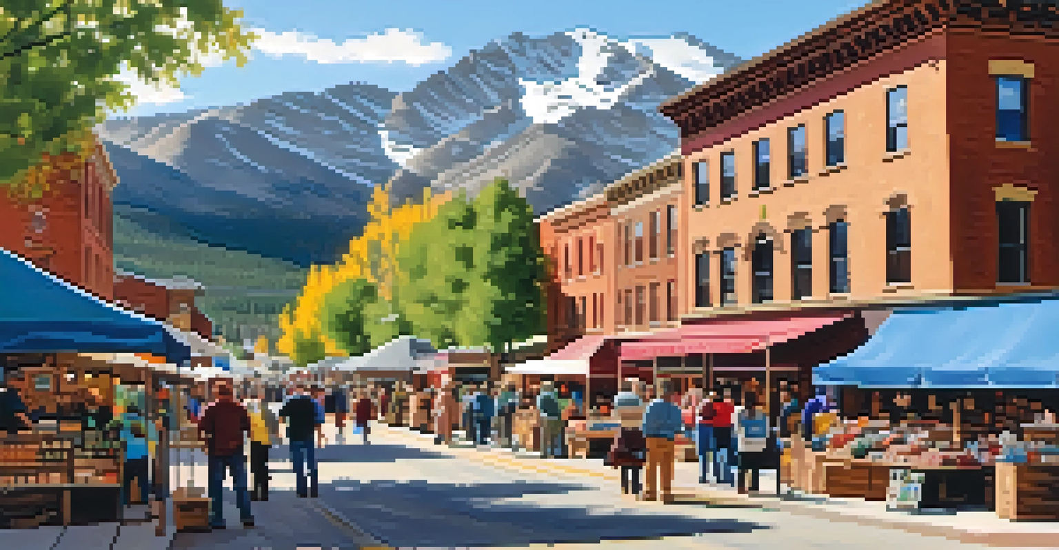 Tourists shopping at a local artisan market in Colorado with colorful stalls and mountains in the background.