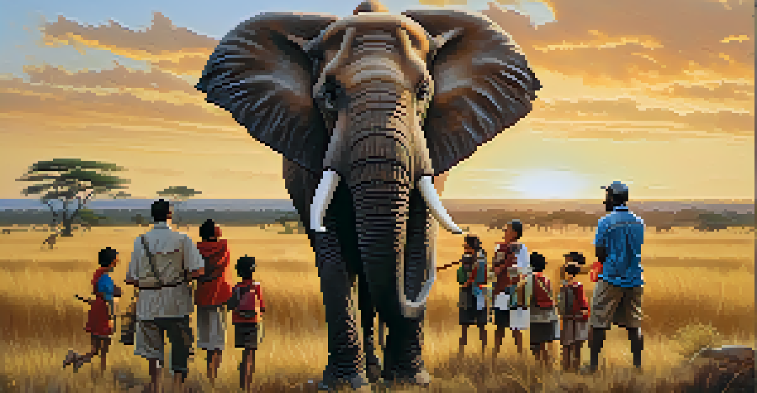 A local guide showing a group of tourists elephants in a wildlife reserve, with savannah grasslands and a sunset in the background.