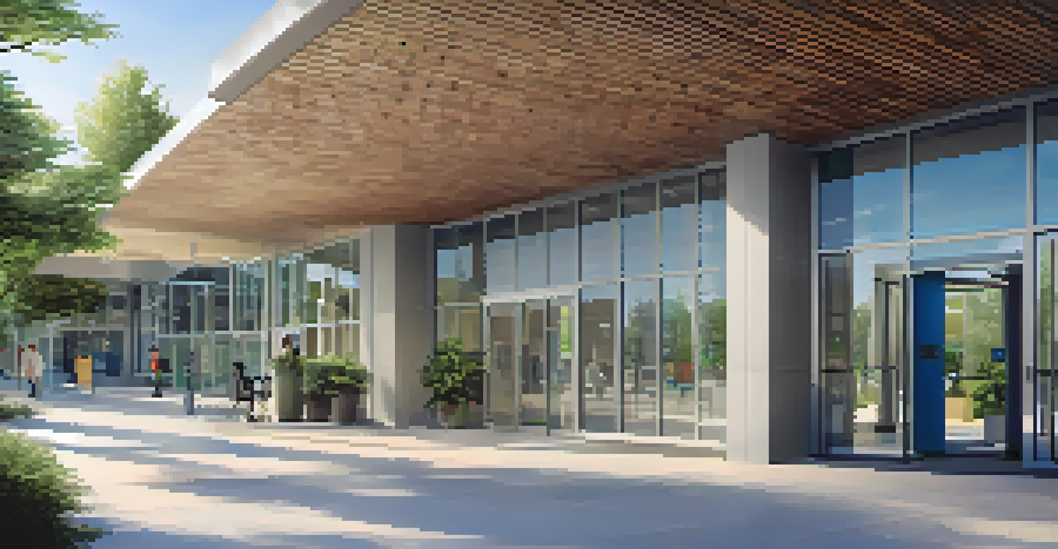 A modern healthcare facility entrance with a wheelchair ramp, automatic doors, and multilingual signage, surrounded by greenery under a blue sky.