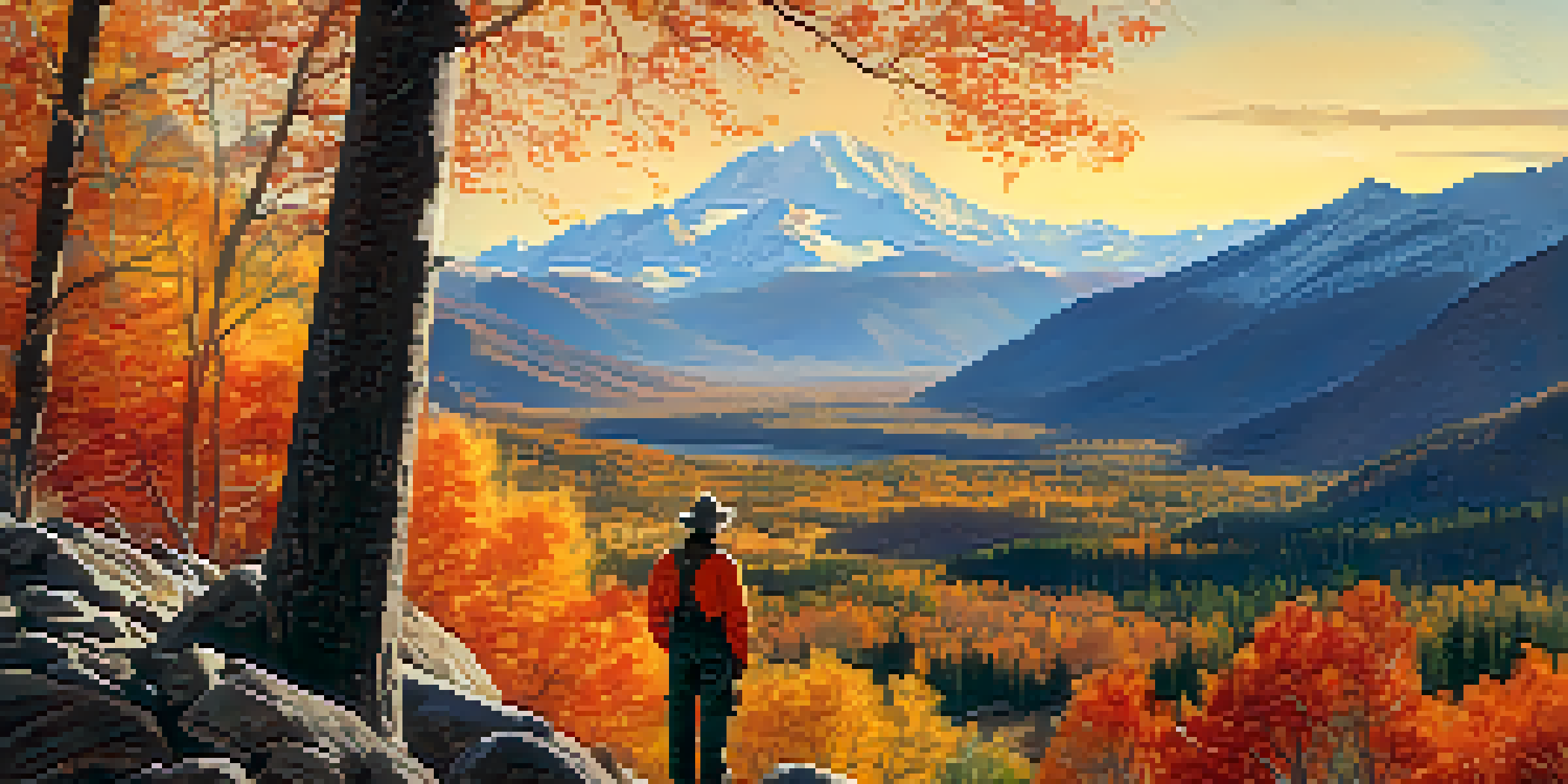 A hunter in blaze orange clothing studying a map amidst a colorful autumn landscape with mountains in the background.