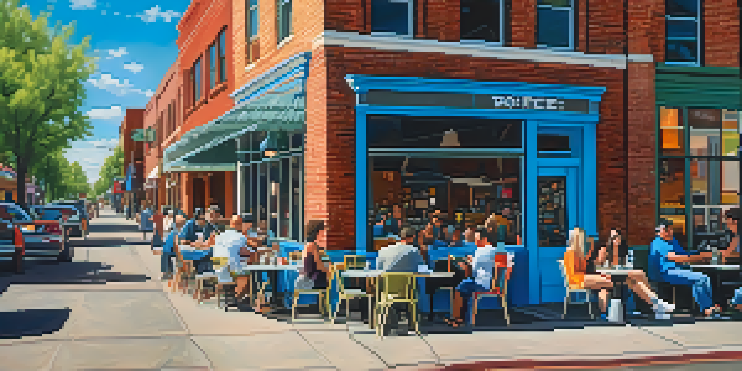 A lively street in Denver's RiNo neighborhood with colorful murals, local shops, and people enjoying coffee outdoors.