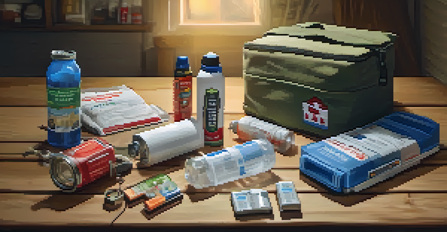 A disaster supply kit on a table with essential items like water, food, and a flashlight in a warm home setting.