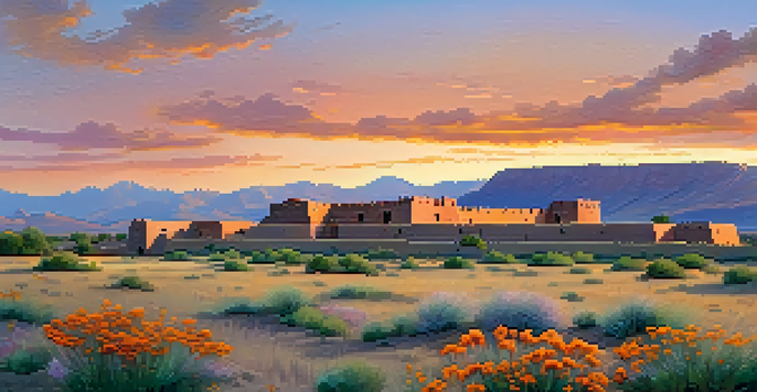A historical adobe fort at sunset surrounded by a grassy landscape and wildflowers.