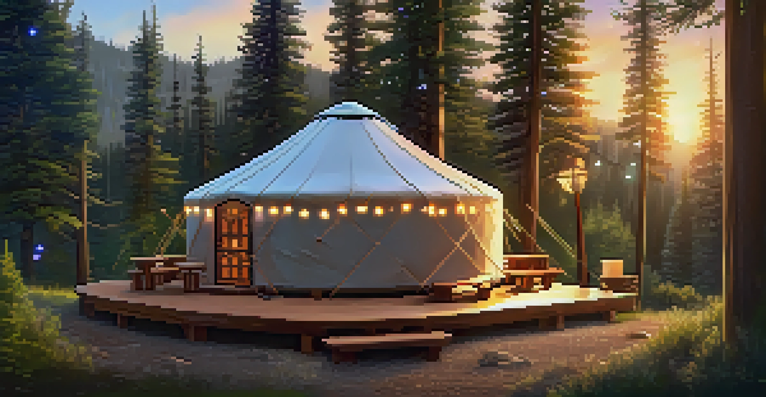 A luxurious glamping yurt in a Colorado forest, beautifully lit with fairy lights and a cozy fire pit outside, creating a magical outdoor ambiance.