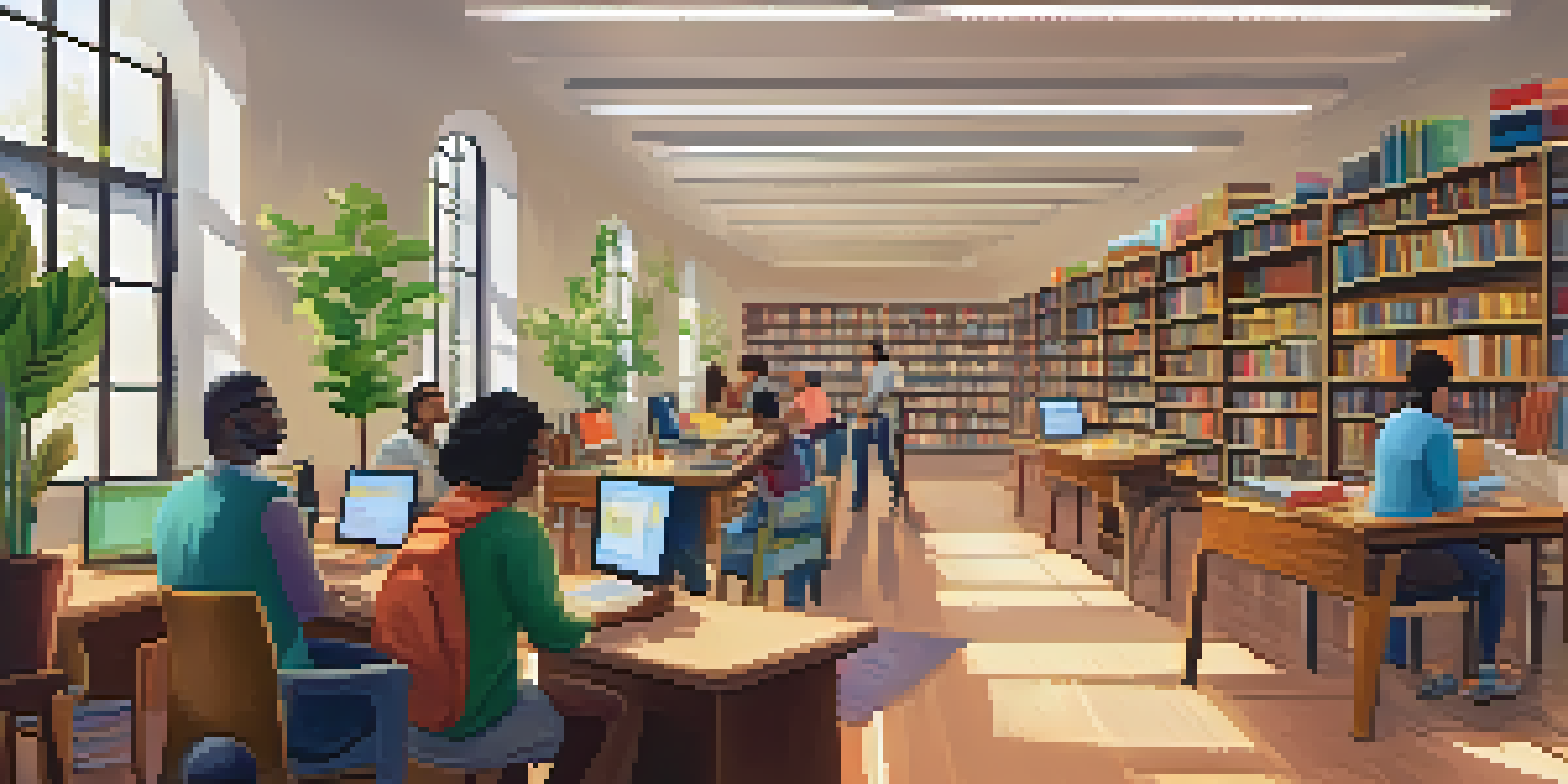 A warm and inviting library scene with people using computers and attending a workshop about digital literacy in a comfortable environment.