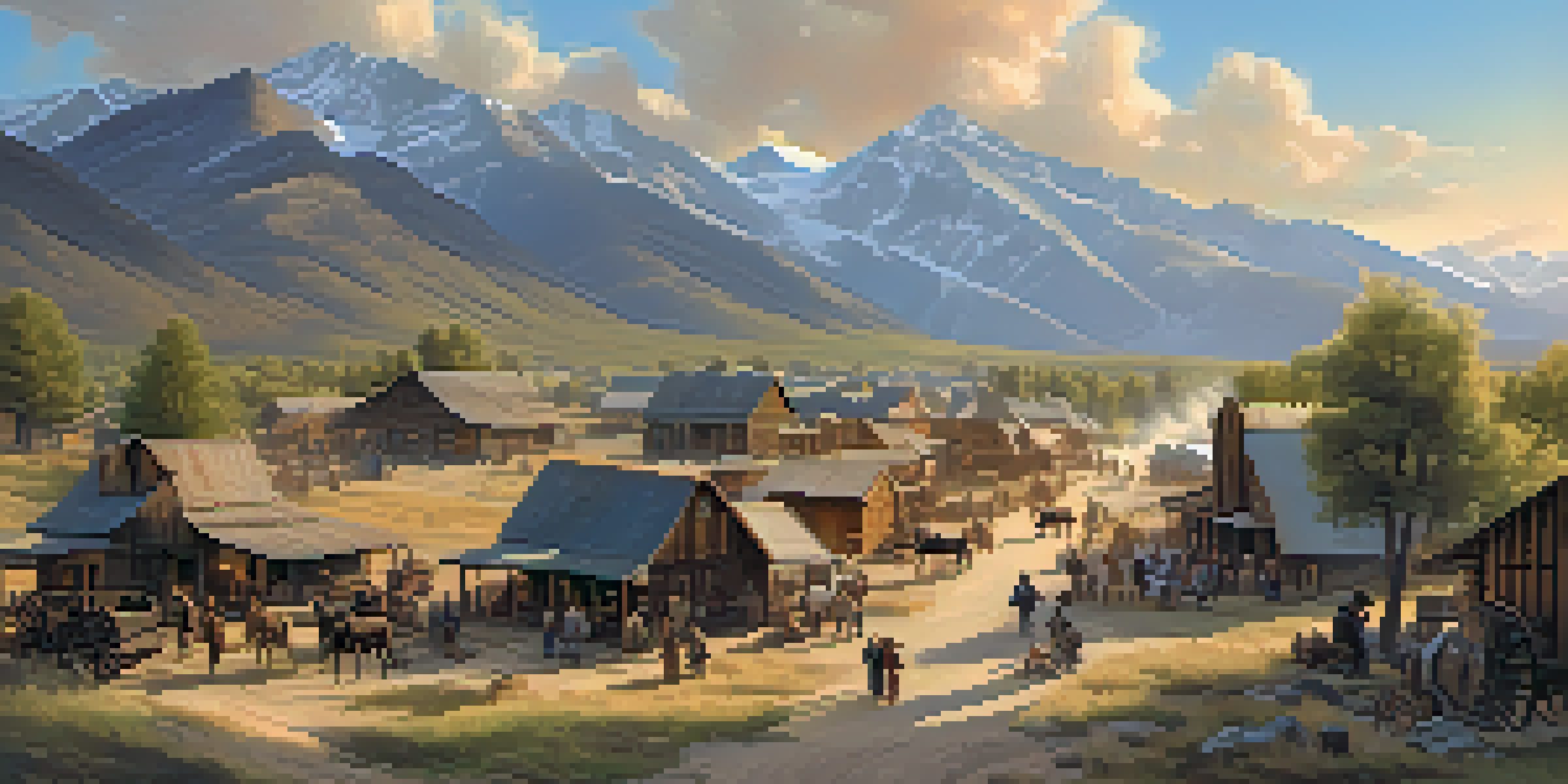 A historical scene of a Colorado settlement in the mid-1800s showing settlers mining and trading, with mountains in the background and a sunset sky.