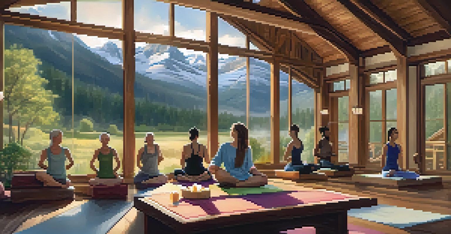Participants practicing yoga inside a cozy lodge with large windows overlooking the Rocky Mountains, featuring warm lighting and natural decor.