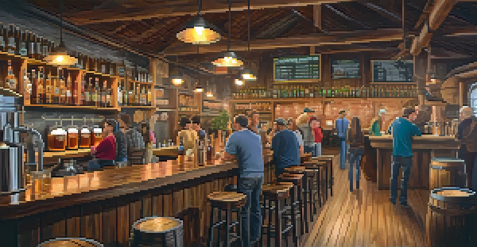 A cozy brewery interior in Colorado, featuring patrons enjoying craft beers at a wooden bar, with brewing equipment and barrels in the background.