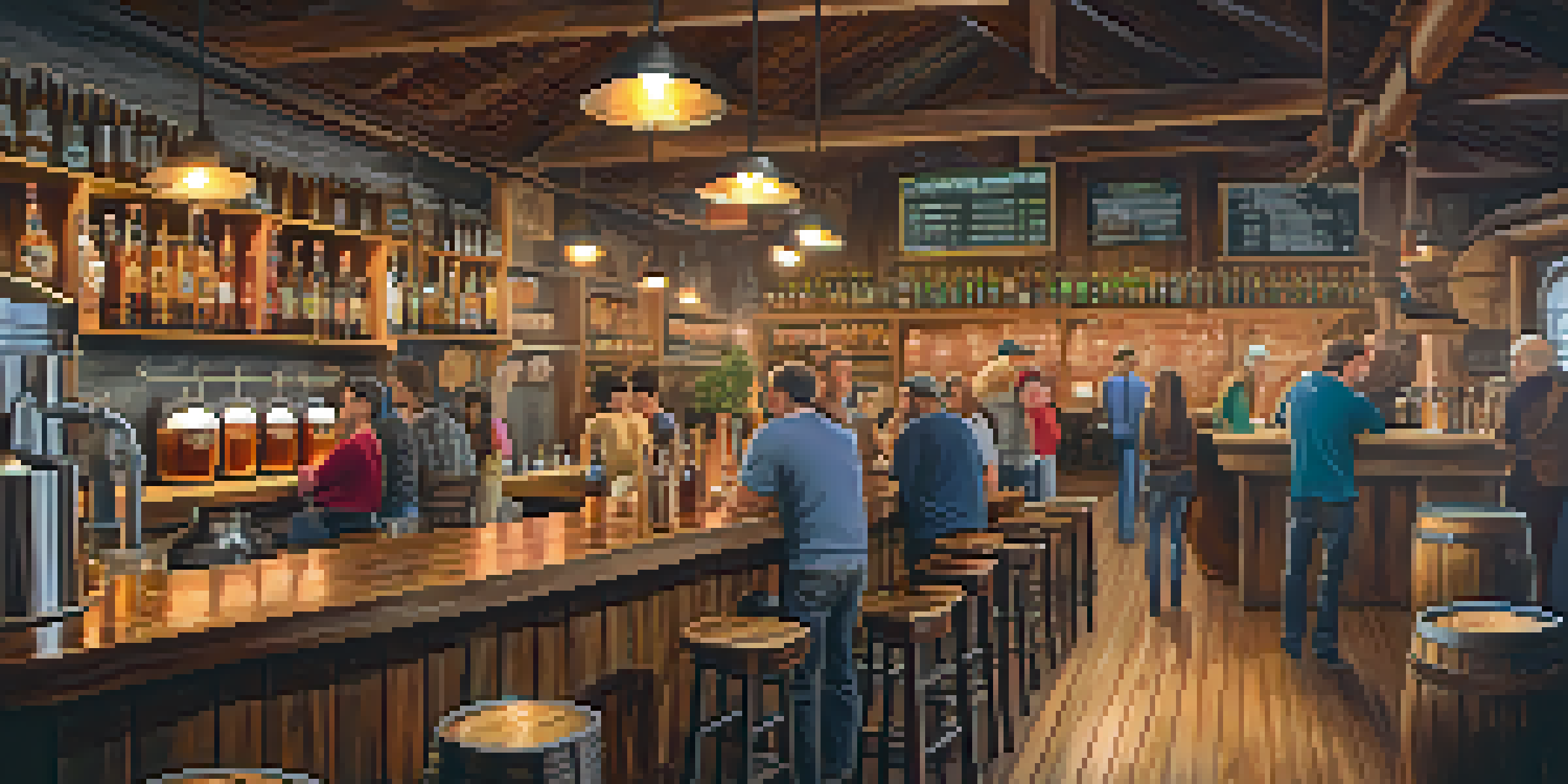 A cozy brewery interior in Colorado, featuring patrons enjoying craft beers at a wooden bar, with brewing equipment and barrels in the background.