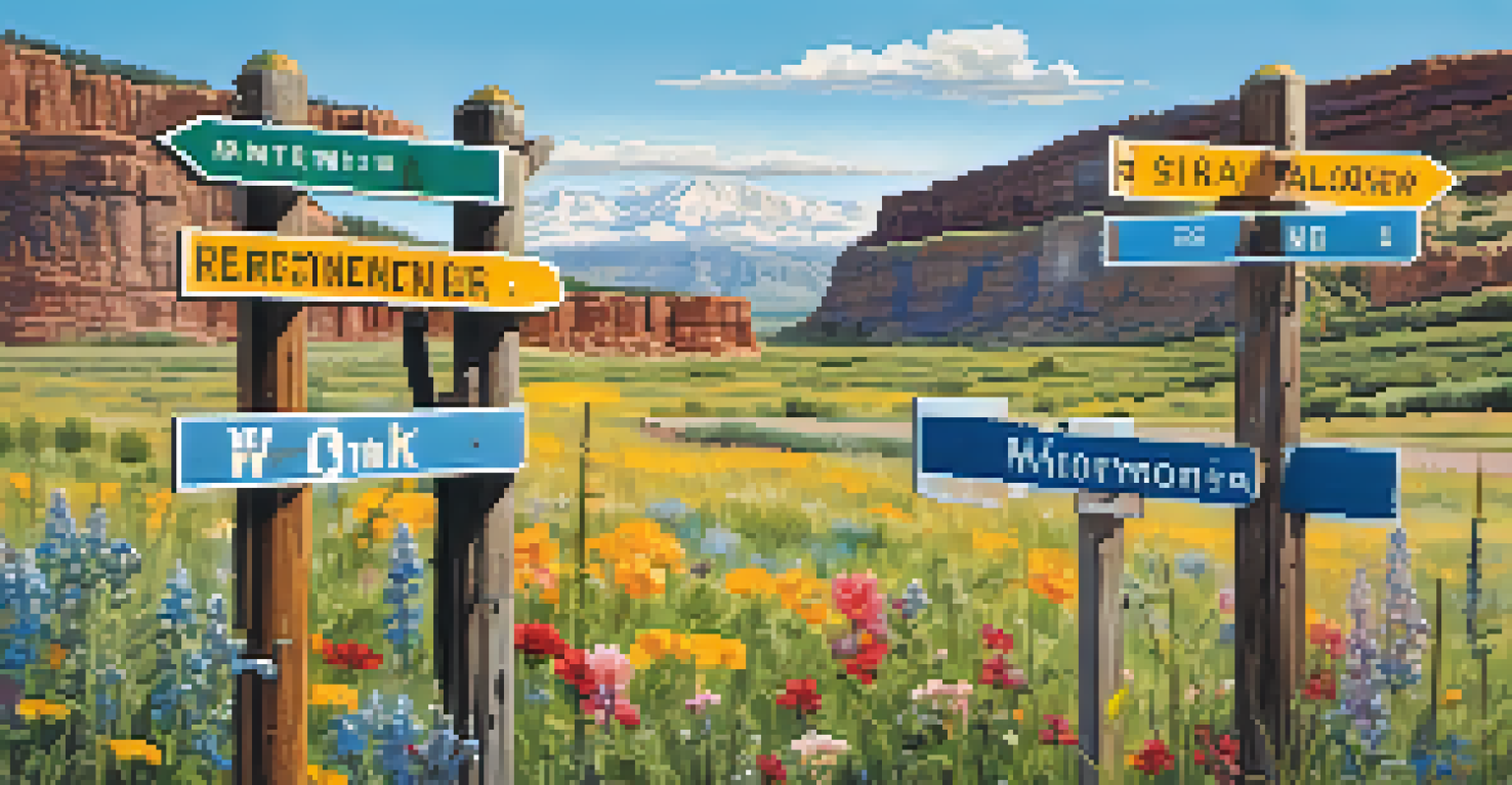 Close-up of a vintage railroad signpost with directional signs to various towns in Colorado, surrounded by wildflowers.